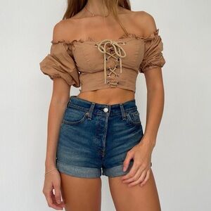 I Am Gia Off the Shoulder Lace Up Crop Top Corset Camel Smock Back EUC R0722